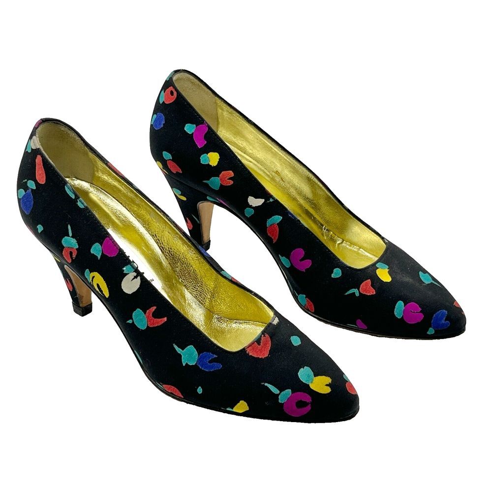 Unique Vintage Escada Mid Heels Pump Satin Cone Heel Black & All Over Color 5.5B
